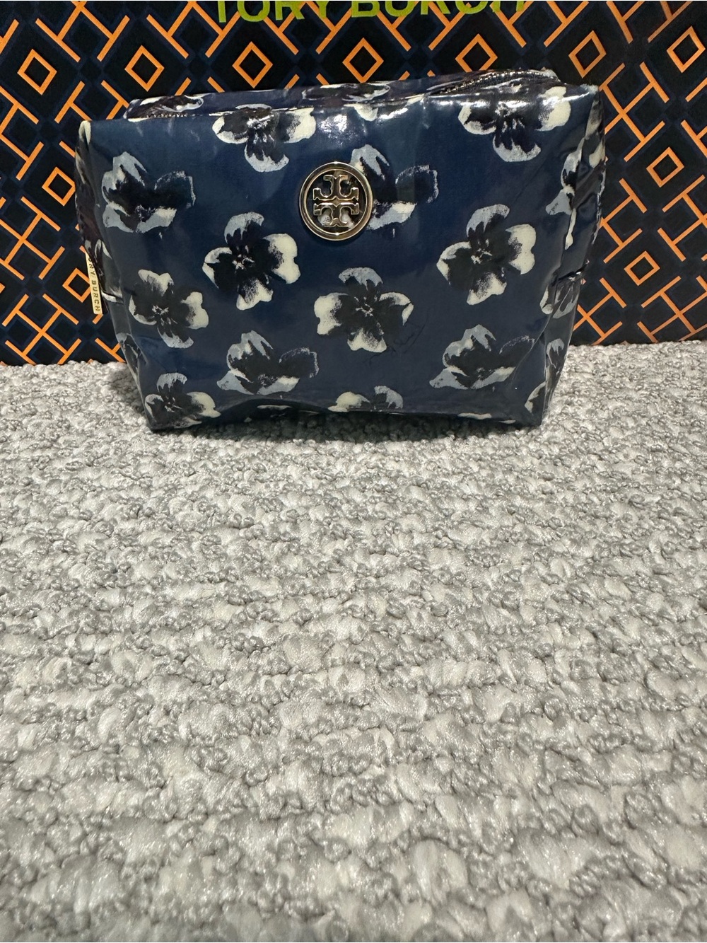 Tory Burch Navy Floral Glossy Cosmetic Pouch with Logo Medallion
